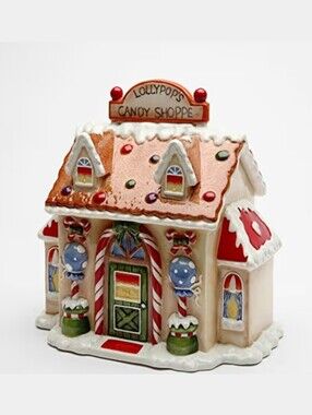 Cosmos NWT Ceramic Santa's Village Lollypop's Candy Shop Lidded Container